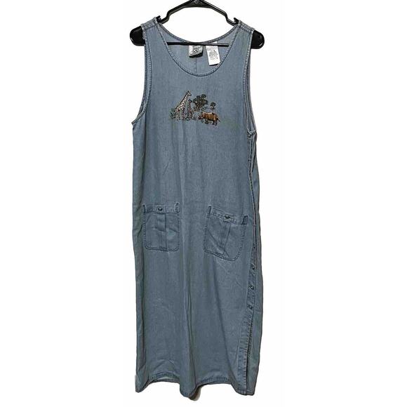 VTG 90'S Denim DRESS JUMPER Embroidered Safari animals Midi sz Small - Picture 1 of 7